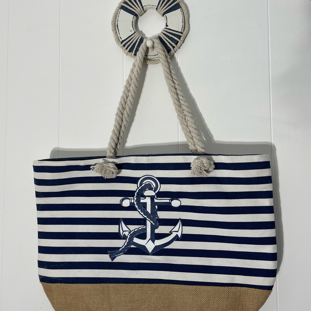 Nautical Stripe Canvas Tote Boating Anchor 19" W x 14" Large Summer Beach Bag